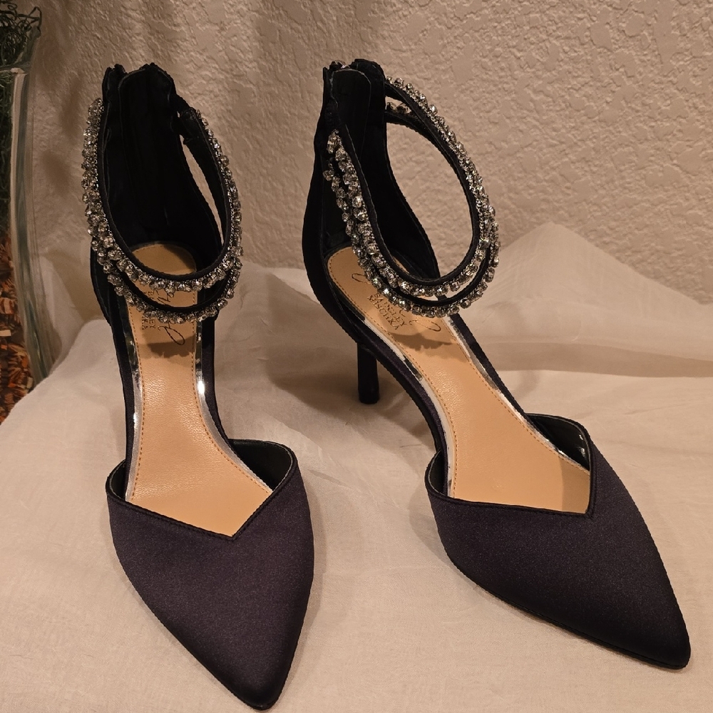 Badgley Mischka Black Heels Designer Black Satin with Rhinestone Straps